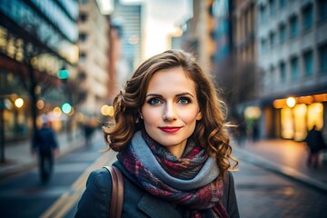 Fototapeta premium Woman in a city with a scarf
