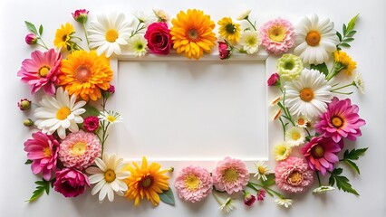 White Frame Surrounded by Colorful Flowers.