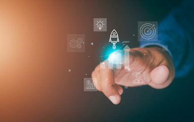 Business growth and startup concept. Leadership in increasing profits. Spaceship launching to target. Start-up. Creativity. Big idea. Business goals management. Investment on new project to wealth.