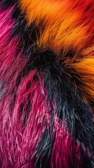 Fototapeta premium Brightly colored faux fur displays a striking mix of pink, orange, and black hues, highlighting its plush texture