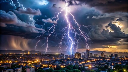 Lightning Strike Over City Skyline at Night.
