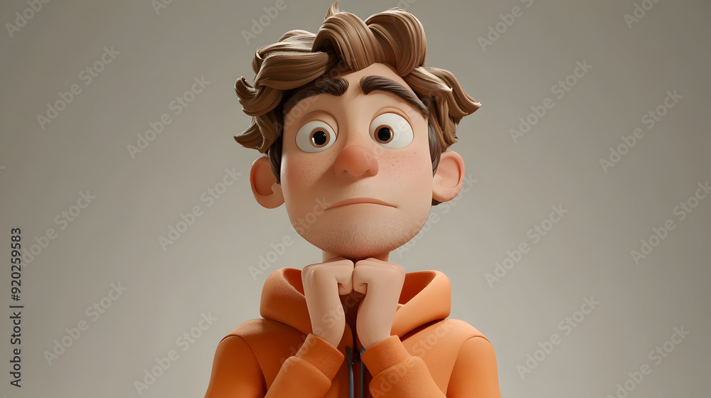 Poster A stylized animated character with tousled hair, wearing an orange hoodie, looking contemplative.