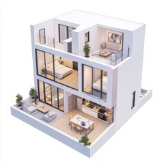 3D Render of a modern duplex with a shared wall and separate entrances. Miniature, on isolated white background