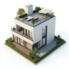 3D Render of a modern duplex with a shared wall and separate entrances. Miniature, on isolated white background