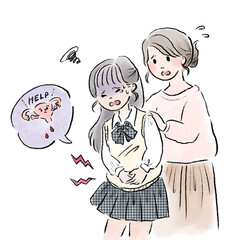 生理痛で苦しむ女子高生と慌てる母親