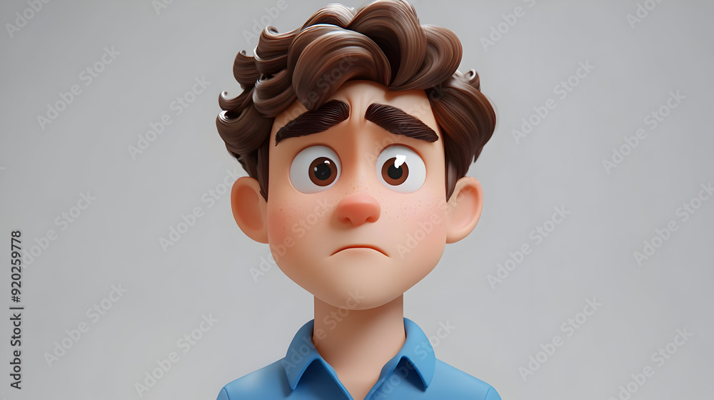 Poster A worried cartoon character with curly hair and a blue shirt, expressing concern.