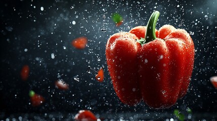 Red Bell Pepper Splashing in Water Droplets