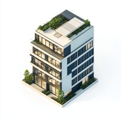 3D Render of a sleek urban condo with a modern exterior and minimalistic design. Miniature, on isolated white background
