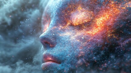 Abstract portrait of a woman made of fire and smoke.