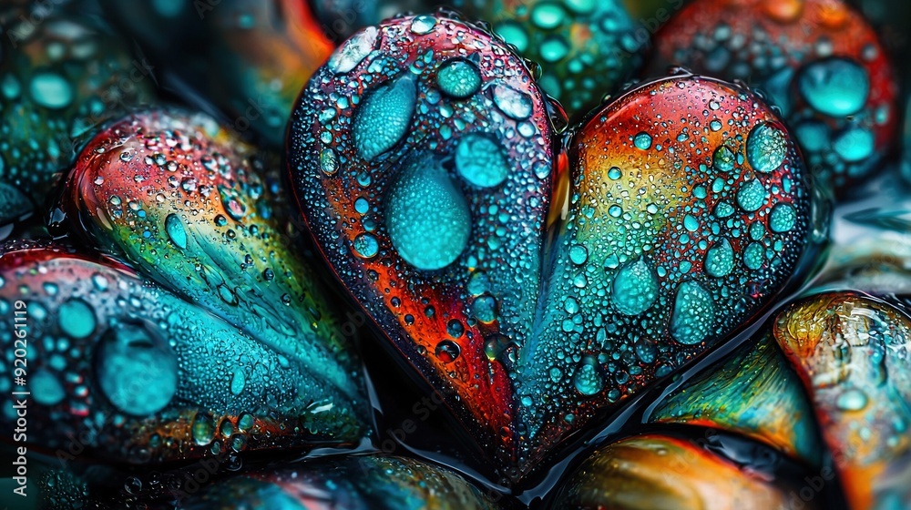 Wall mural close-up of a heart-shaped object with water droplets on a green, red, orange, and blue background