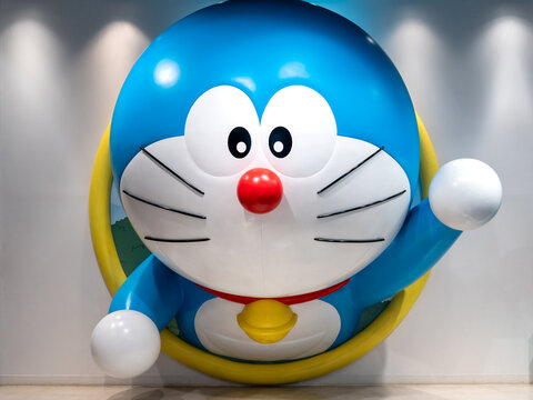 JAPAN - JUL 15, 2024: A vibrant 3D wall art installation of Doraemon the iconic Japanese cartoon character showcased in a modern indoor setting at Wakuwaku Sky Park, Hokkaido