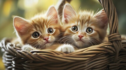 A charming scene of ginger red kittens cuddled up in a basket, with their bright eyes looking out curiously.