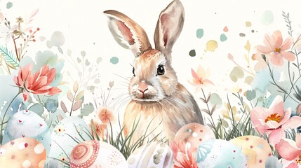 Obraz premium 2. Happy Easter background featuring a watercolor design with pastel-colored eggs, blooming flowers, and a joyful rabbit, ideal for cards and invitations