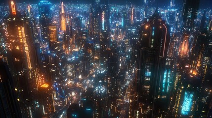 Obraz premium A city of the future glowing under the night sky, with illuminated buildings and bustling streets.