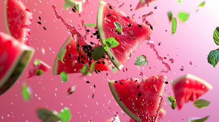1. Flying pieces of fresh watermelon with scattered seeds and sprigs of mint, set against a vibrant pink background, creating a dynamic and refreshing scene