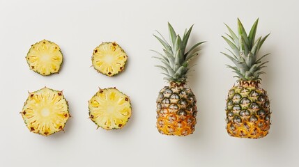 2. Detailed view of a fresh pineapple and its sliced pieces, set against a white background, emphasizing the freshness and tropical appeal
