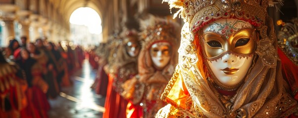Obraz premium Vibrant Carnival in Historic Venice Italy with Elaborate Masks and Costumes