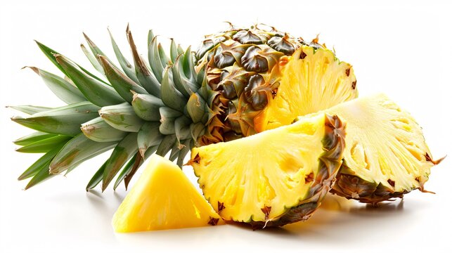 2. Detailed view of a fresh pineapple and its sliced pieces, set against a white background, emphasizing the freshness and tropical appeal