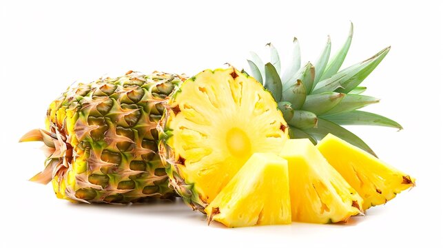 2. Detailed view of a fresh pineapple and its sliced pieces, set against a white background, emphasizing the freshness and tropical appeal