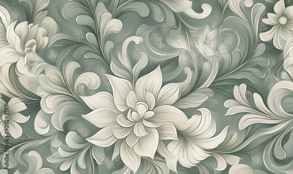 Poster seamless abstract with intricate floral patterns in green and grey