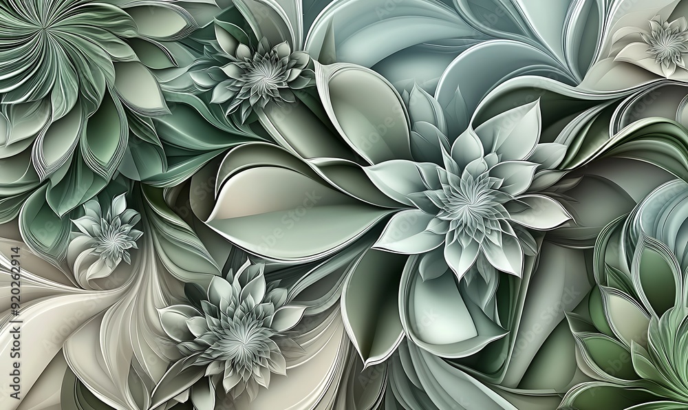 Poster Seamless Abstract with Intricate Floral Patterns in Green and Grey