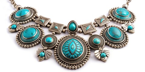 Obraz premium Intricately designed turquoise and silver necklace adorned with traditional patterns and symbols, showcasing the rich cultural heritage of Native American craftsmanship and artisanal expertise.
