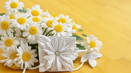 Obraz premium Chamomile flowers and gift or present box on yellow background. 