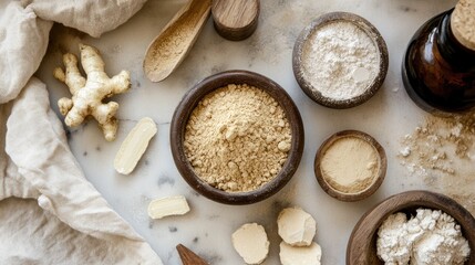 Fototapeta premium A collection of natural, organic ingredients laid out on a table, highlighting the earthy tones of maca powder.