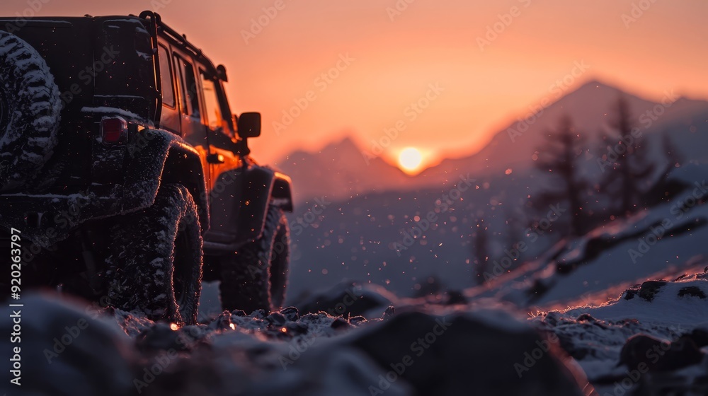 Wall mural  A Jeep atop a snow-capped mountain as the sun sets in the distance