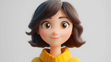 A cheerful animated character with brown hair and big eyes, wearing a yellow sweater.