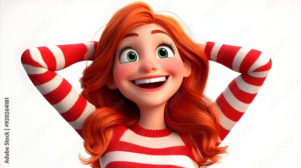 Canvas Prints A cheerful animated character with red hair and a striped shirt, smiling joyfully.