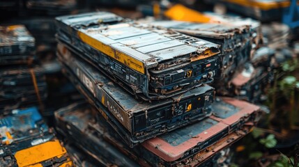Obraz premium A detailed image of used car battery packs stacked on top of each other, ready for disposal or recycling.
