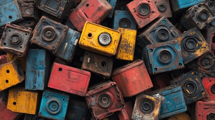 Fototapeta premium A detailed image of used car battery packs stacked on top of each other, ready for disposal or recycling.
