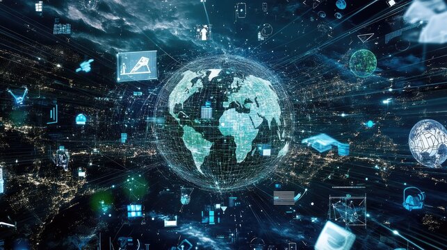 A digital representation of an AI-driven global recycling network, highlighting interconnected systems and sustainability efforts.