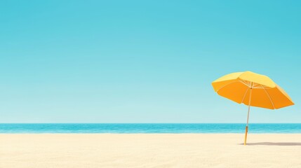 A vibrant yellow umbrella stands alone on a sandy beach under a clear blue sky, offering a perfect spot for relaxation by the ocean.