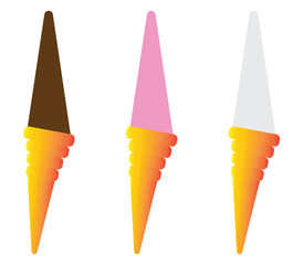 Ice cream icons in chocolate, strawberry and vanila flavours. Vector illustration.