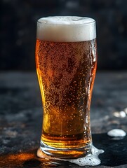 Perfectly Poured Beer with Creamy Foam and Condensation in a Glass on a Dark Background