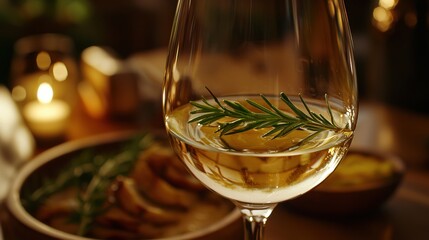 Obraz premium Elegant glass with rosemary garnish, set against a warm, inviting dining atmosphere perfect for gatherings and celebrations.