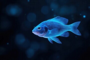 A glowing blue fish swims gracefully in a dark underwater environment, showcasing its vibrant color and serene movement.