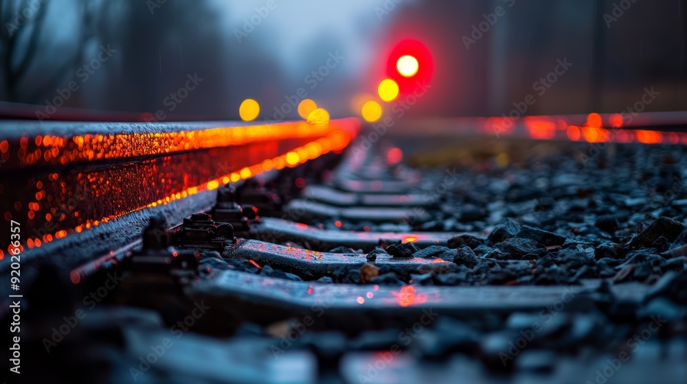 Wall mural  A tight shot of a train track, ending in a red signal light Background comprises trees