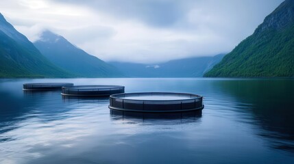 Fototapeta premium A serene landscape featuring circular platforms on a tranquil lake surrounded by majestic mountains under a cloudy sky.