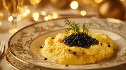 Luxurious plate of creamy scrambled eggs topped with caviar, garnished with herbs, set in an elegant, festive ambiance.
