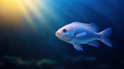 Fototapeta premium A vibrant fish swims gracefully in serene underwater light, highlighting its unique colors and features in a tranquil aquatic setting.
