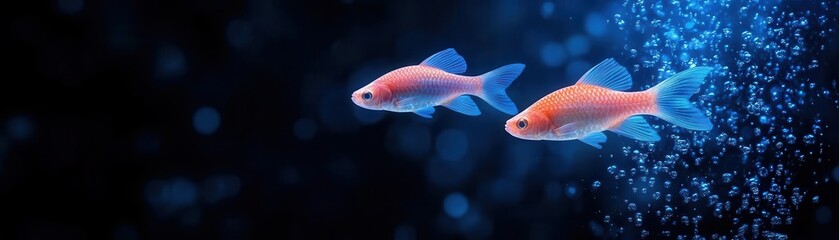 Fototapeta premium Two vibrant goldfish swimming gracefully in a serene blue underwater environment full of bubbles.