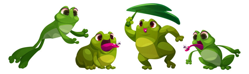 Cute frog characters set isolated on white background. Vector cartoon, illustration of funny green toad mascots jumping, catching insect with tongue, hiding under leaf, sitting in swamp, comic animal
