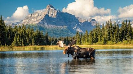 A majestic bull moose with antlers wading in a serene lake, the towering peaks of Glacier National Park rising behind.