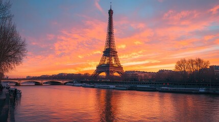 Naklejka premium A magical view of the Eiffel Tower at sunset, with the sky ablaze in warm hues of orange and pink over Paris.