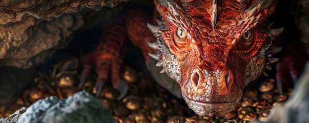 Ancient dragon guarding a hoard of treasure in a cavern, dragon hoard, mythical guardian