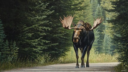 A massive bull moose making its way down a quiet roadside, its large form framed by dense woods on either side.