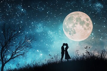 Silhouette of couple under full moon.